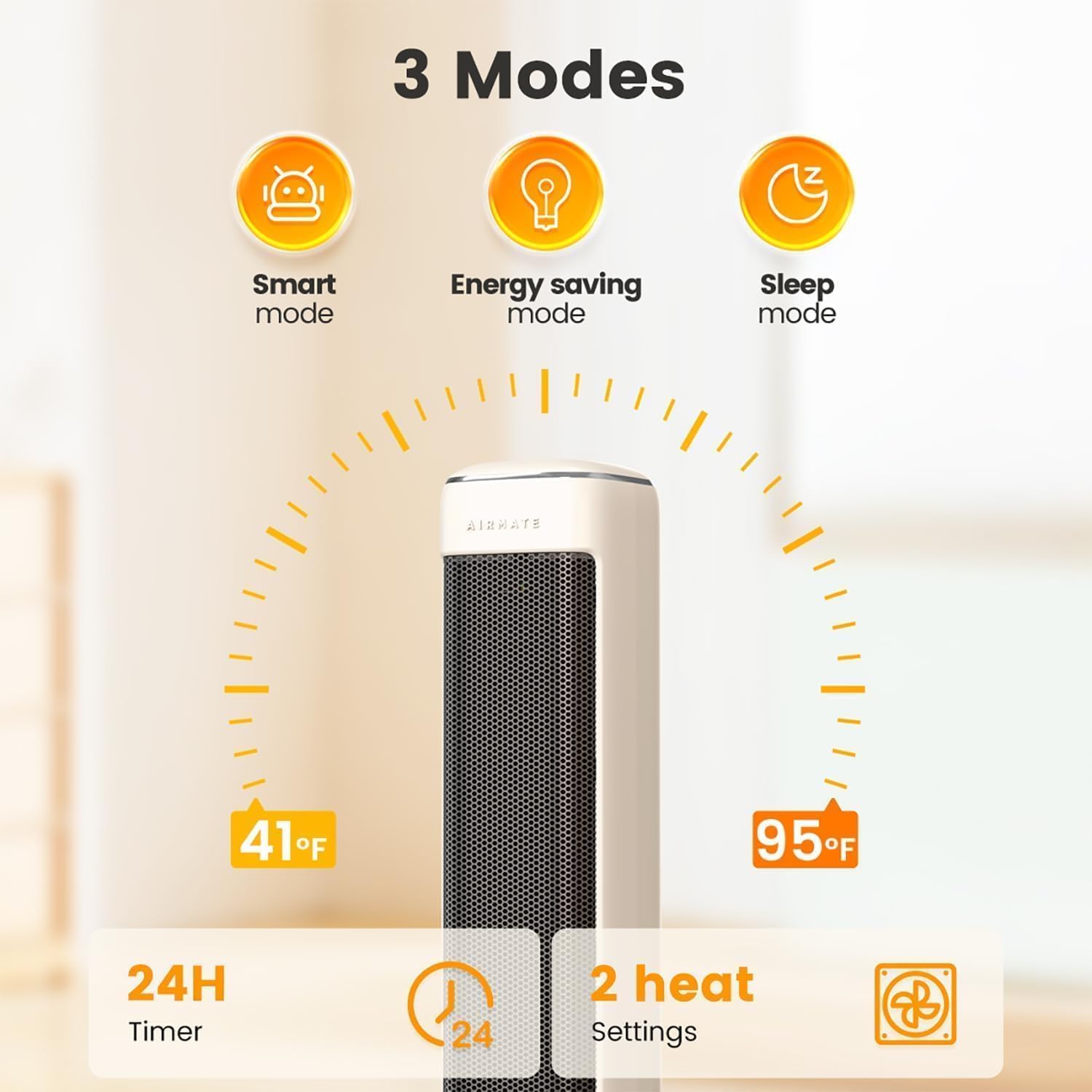 25" Beige Oscillating Tower Space Heater with Remote & Timer