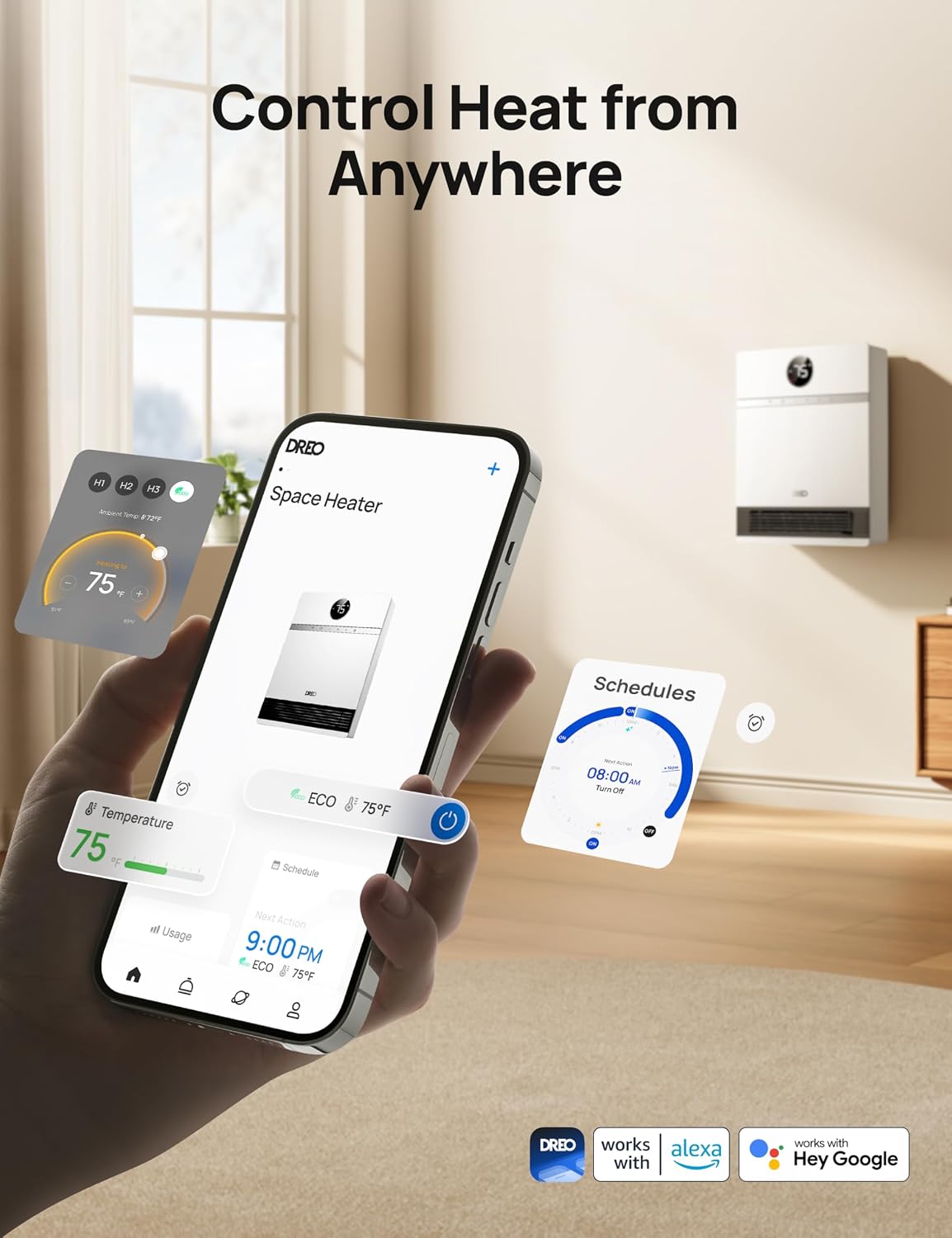 Smart IP24 Wall Mount PTC Heater with Alexa & Remote