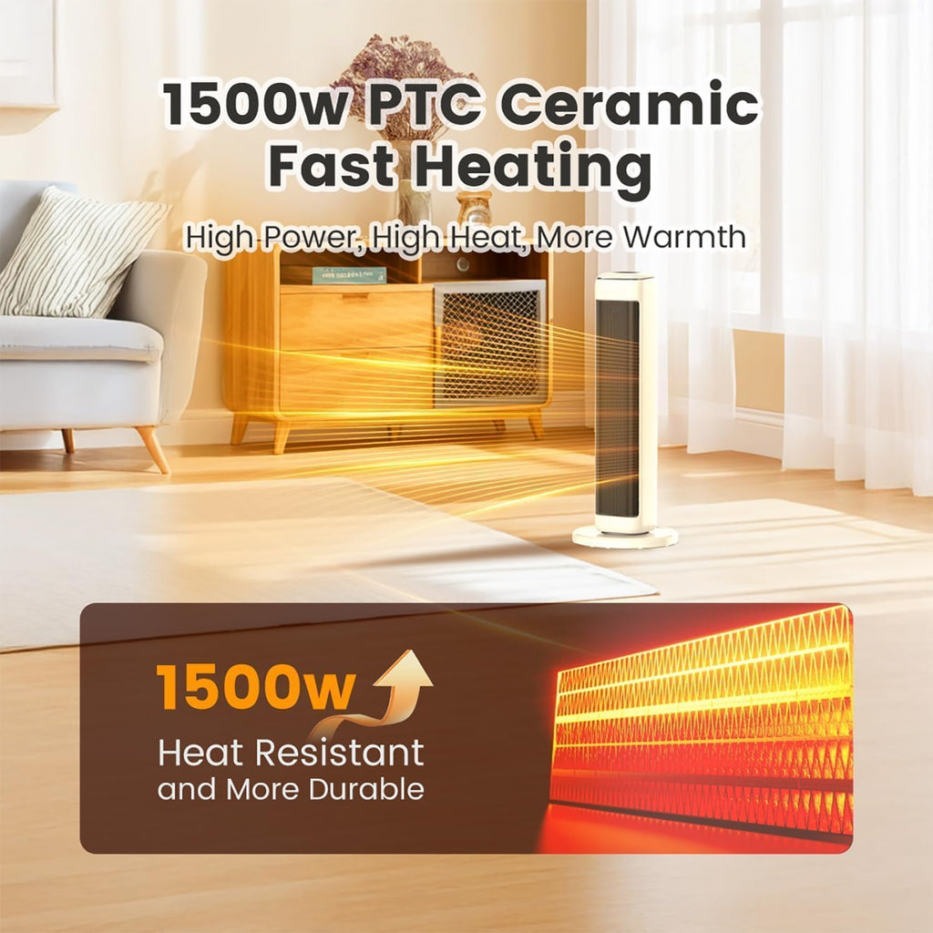 25" Beige Oscillating Tower Space Heater with Remote & Timer