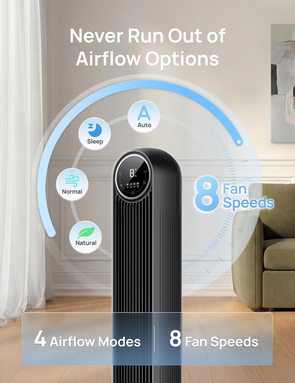 Upgraded Black Quiet DC Tower Fan with Remote Control