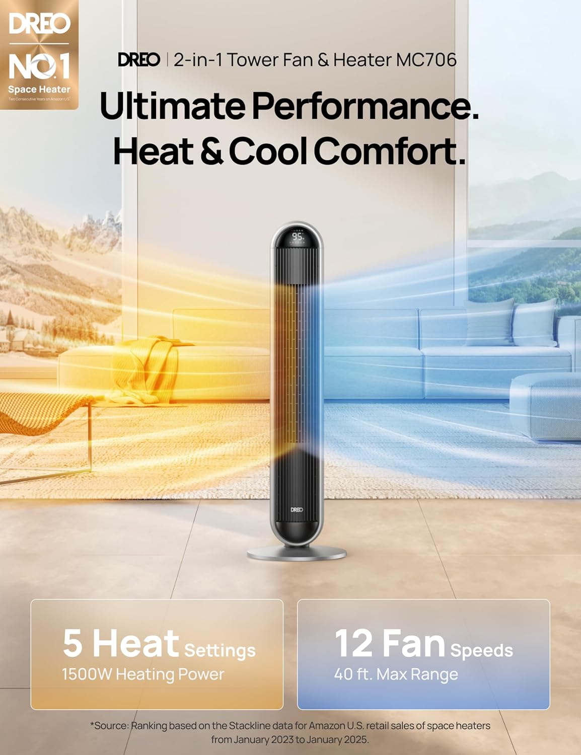 42 Inch Silver Tower Fan & Heater Combo with Remote