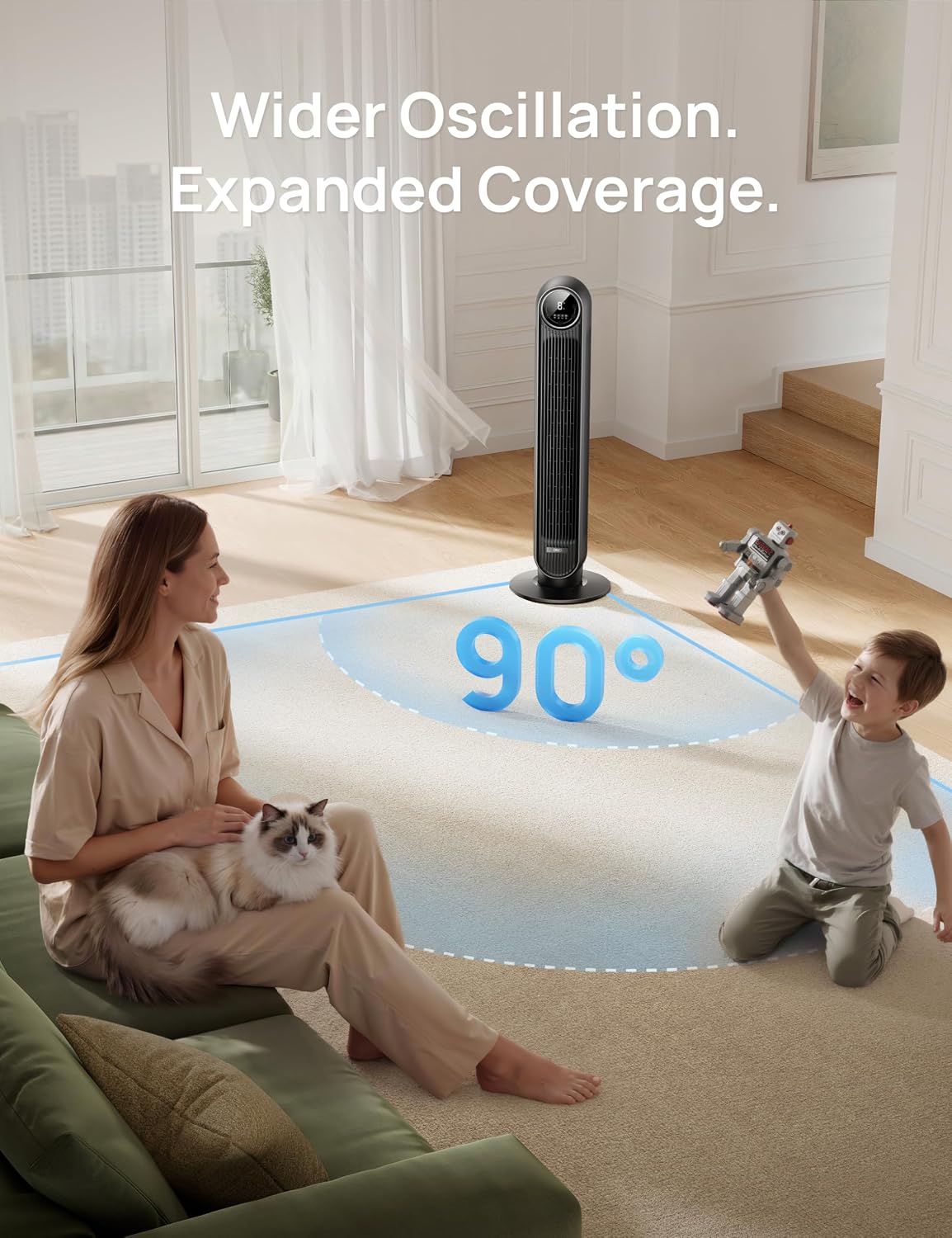 Upgraded Black Quiet DC Tower Fan with Remote Control