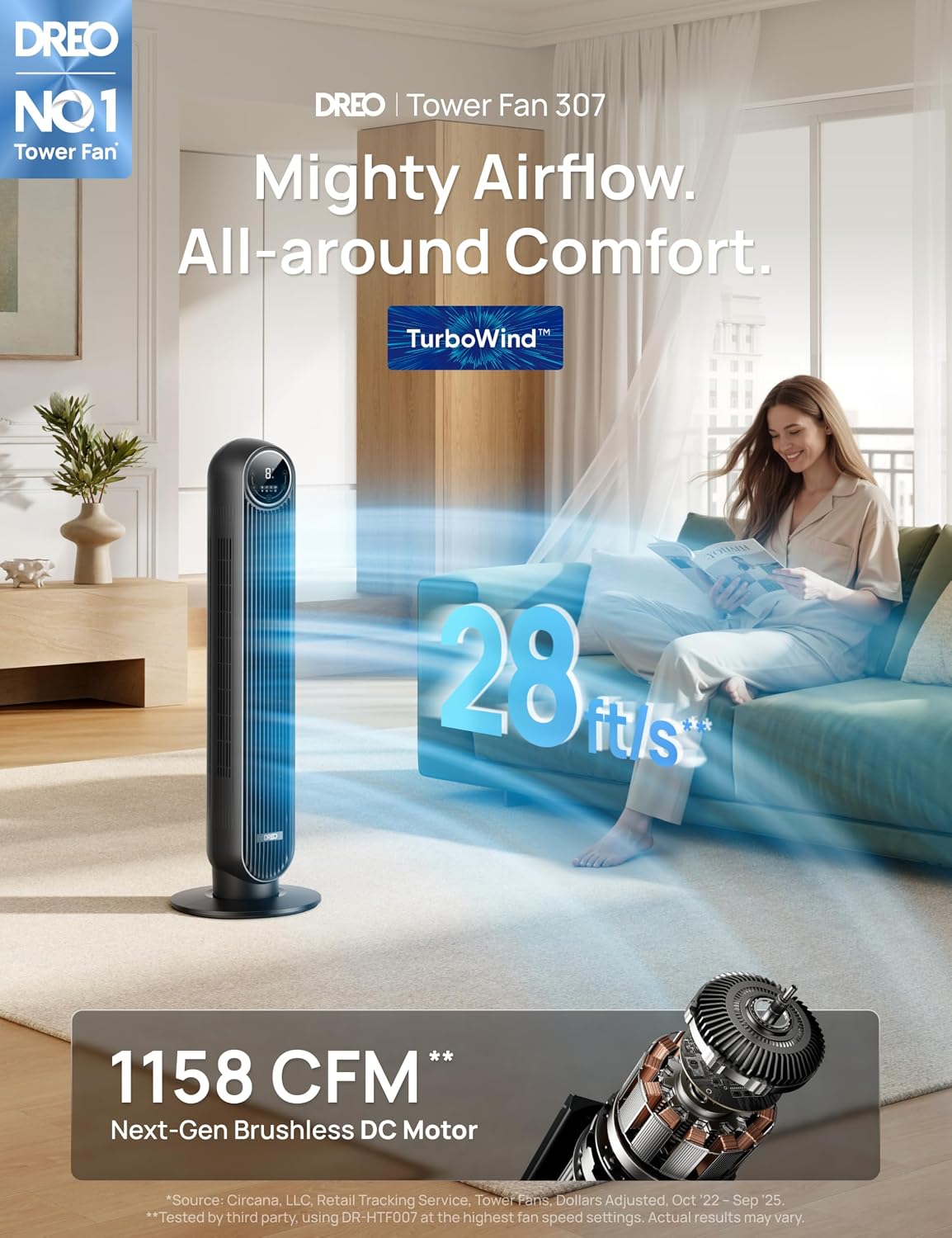 Upgraded Black Quiet DC Tower Fan with Remote Control