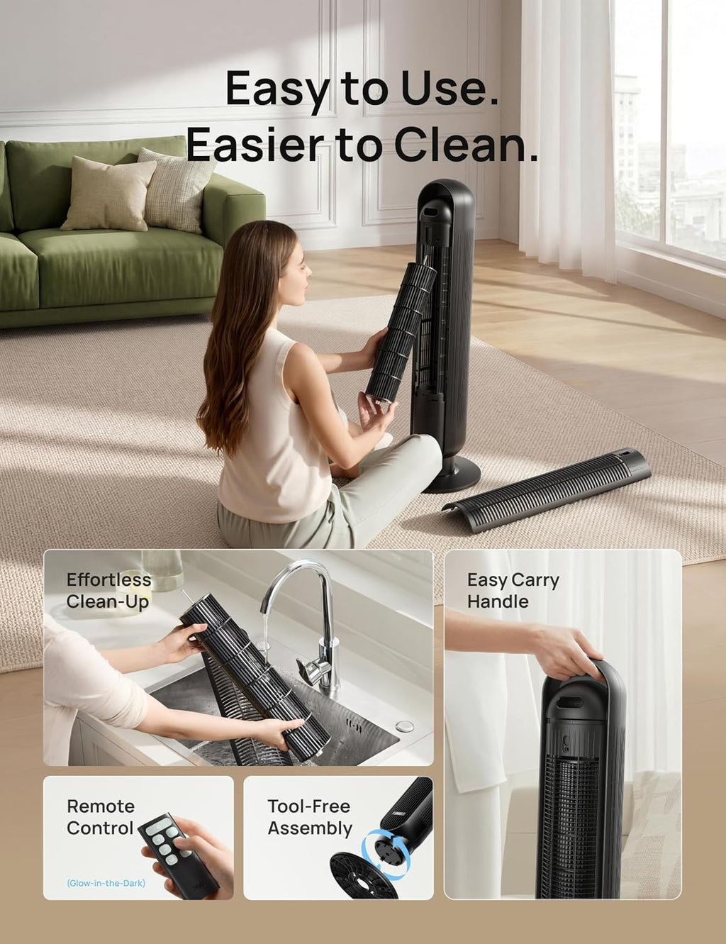 Upgraded Black Quiet DC Tower Fan with Remote Control